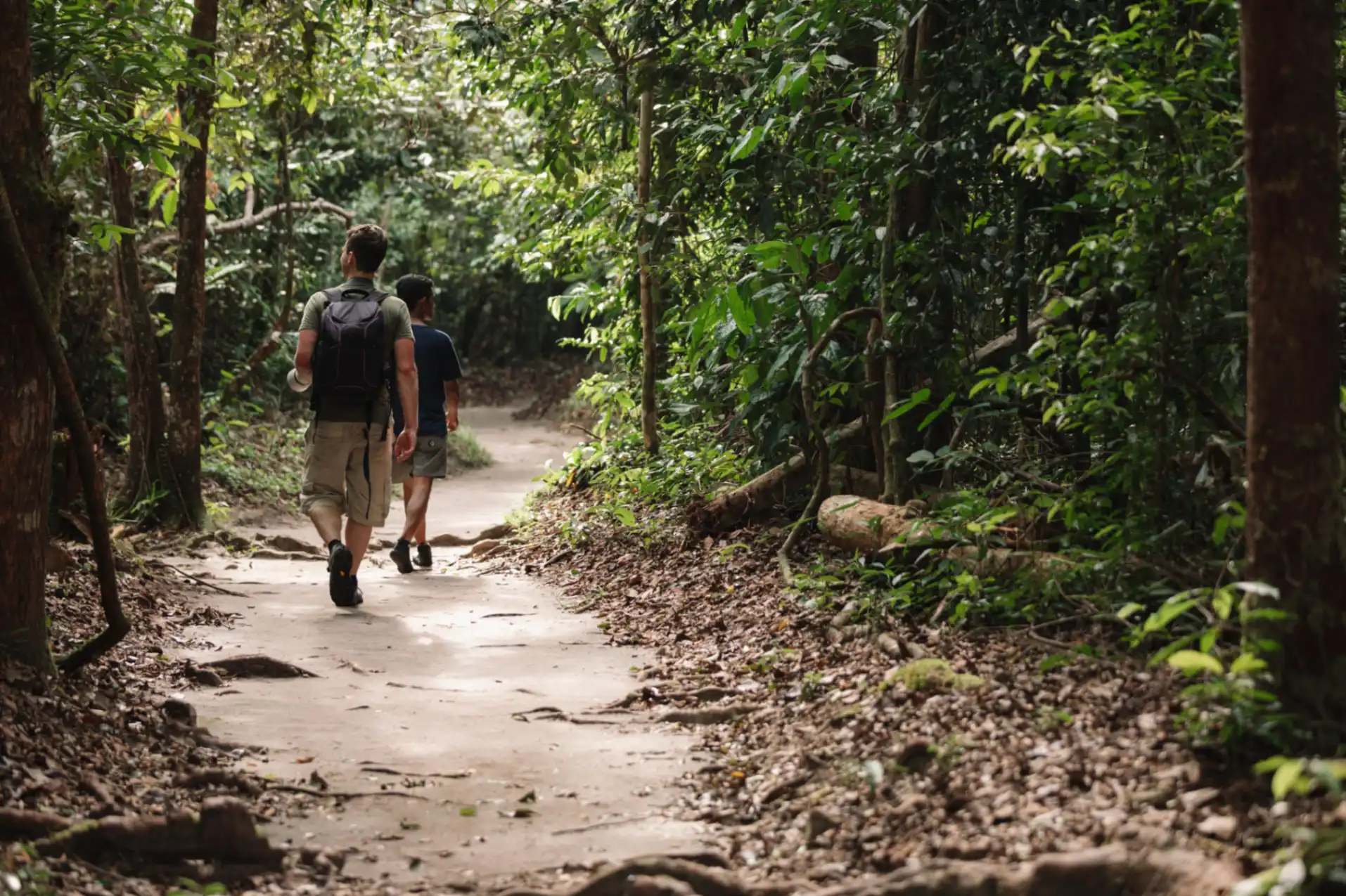 Two trekkers walking along a jungle trail in Borneo
